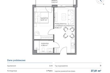 Rzut - Mieszkanie na sprzedaż 2 pokoje o powierzchni 37,58 m² - numer B.3.11 w Anchoria Holiday