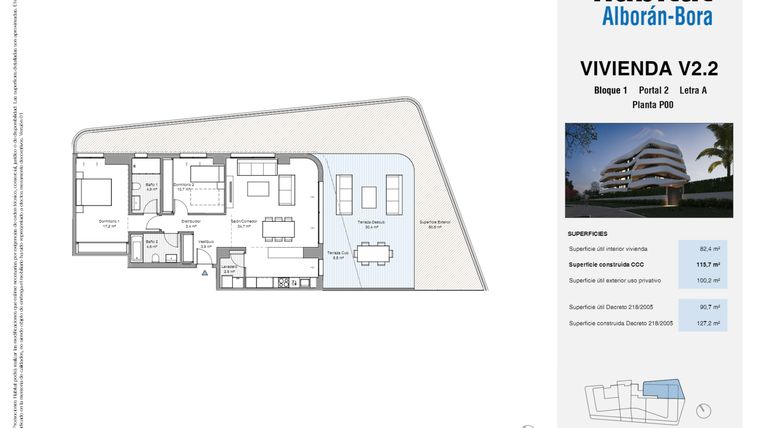 Rzut - Mieszkanie na sprzedaż 2 pokoje o powierzchni 127,2 m² - numer V2-P00-A w Habitat Alboran Bora