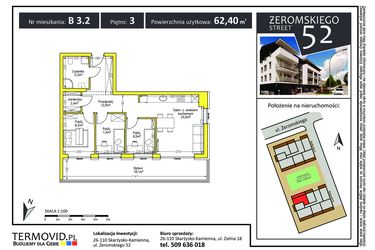 Rzut - Mieszkanie na sprzedaż 3 pokoje o powierzchni 62,7 m² - numer B 3.2 w Żeromskiego Street 52