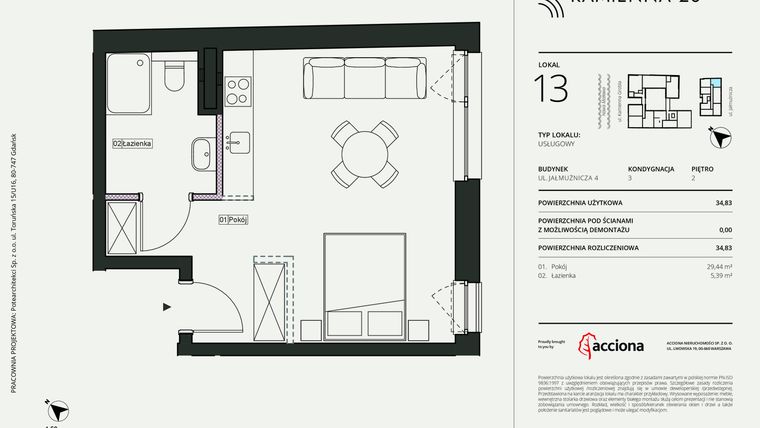 Rzut - Mieszkanie na sprzedaż 1 pokój o powierzchni 34,83 m² - numer 4.13 w Kamienna 28 - apartamenty inwestycyjne