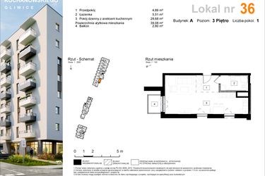 Rzut - Mieszkanie na sprzedaż 1 pokój o powierzchni 39,08 m² - numer A.36 w Osiedle Kochanowskiego - Gliwice