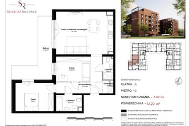 Rzut - Mieszkanie na sprzedaż 3 pokoje o powierzchni 72,22 m² - numer A-02-04 w Siedlecka Residence