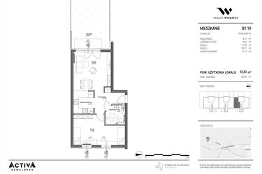 Rzut - Mieszkanie na sprzedaż 2 pokoje o powierzchni 52,83 m² - numer B1.19 w Tarasy Wierzycy