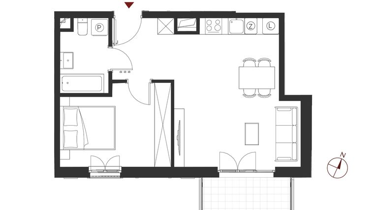 Rzut - Mieszkanie na sprzedaż 2 pokoje o powierzchni 43,25 m² - numer B.1.9 w Apartamenty Symfonia