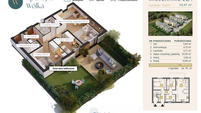 Rzut - Mieszkanie na sprzedaż 3 pokoje o powierzchni 54,97 m² - numer C2/1 w Spokojna Wólka etap IV