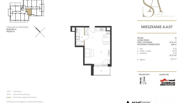 Rzut - Mieszkanie na sprzedaż 1 pokój o powierzchni 31,37 m² - numer A.4.07 w Sand Apartments