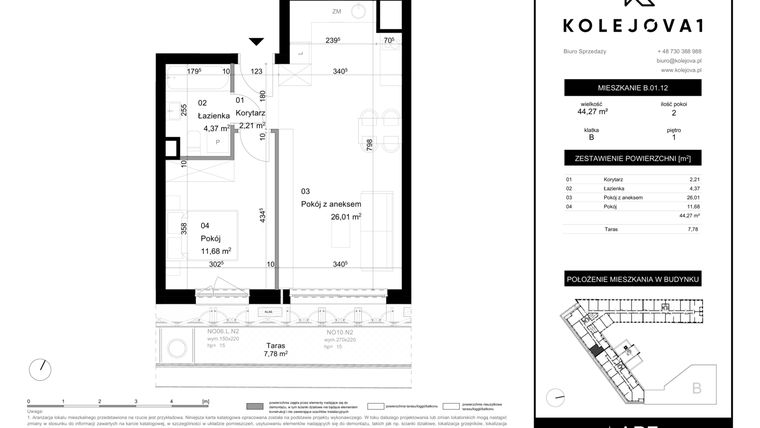 Rzut - Mieszkanie na sprzedaż 2 pokoje o powierzchni 44,27 m² - numer B-01-12 w Kolejova 1