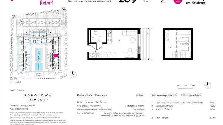 Rzut - Mieszkanie na sprzedaż 1 pokój o powierzchni 32,8 m² - numer 209 w VacationClub Resort