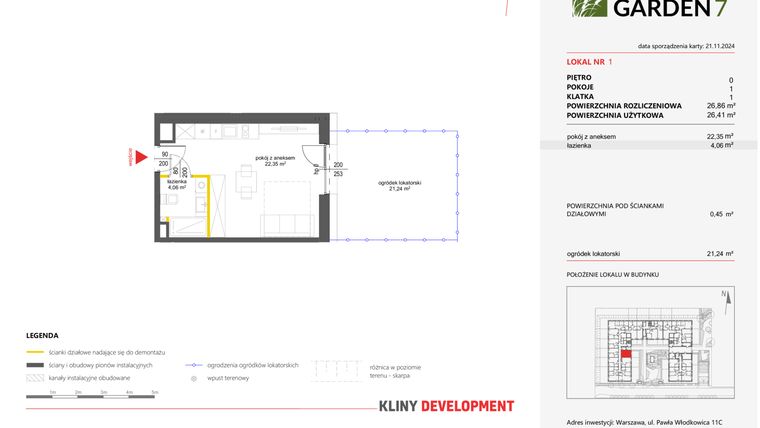 Rzut - Mieszkanie na sprzedaż 1 pokój o powierzchni 26,86 m² - numer 1 w Nova Viva Garden 7
