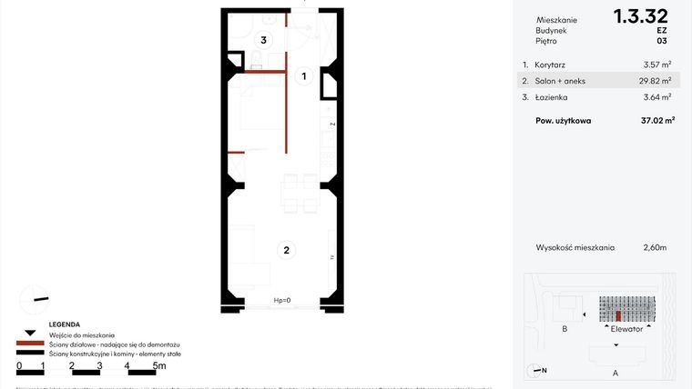 Rzut - Mieszkanie na sprzedaż 1 pokój o powierzchni 37,02 m² - numer EZ.1.3.32 w Elewator - Mieszkania i Lofty