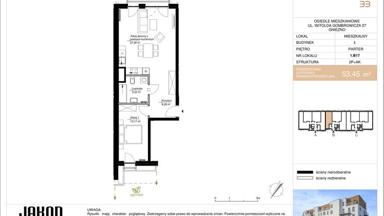 Rzut - Mieszkanie na sprzedaż 2 pokoje o powierzchni 53,45 m² - numer 1.B17 w Gombrowicza 33