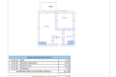 Rzut - Mieszkanie na sprzedaż 2 pokoje o powierzchni 37,39 m² - numer B.16 w Gaja Park