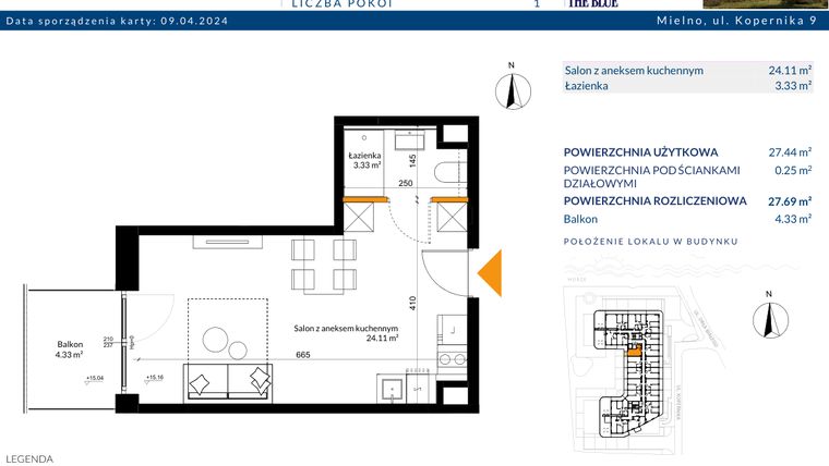 Rzut - Mieszkanie na sprzedaż 1 pokój o powierzchni 27,69 m² - numer 5.01 w The Blue
