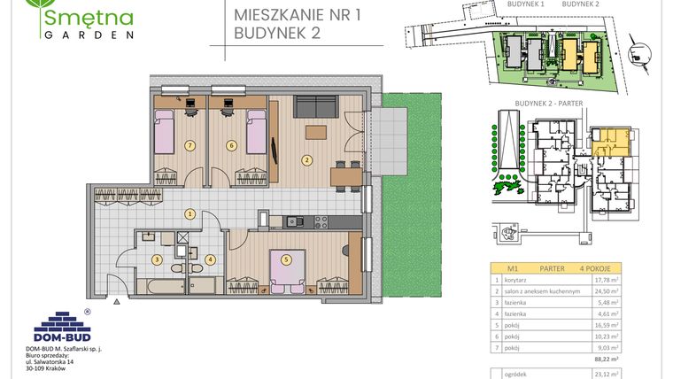 Rzut - Mieszkanie na sprzedaż 4 pokoje o powierzchni 88,22 m² - numer 1 w Smętna Garden