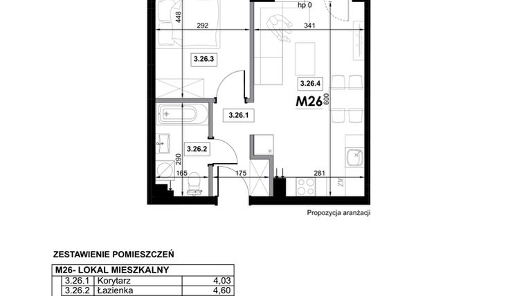 Rzut - Mieszkanie na sprzedaż 2 pokoje o powierzchni 41,19 m² - numer M26 w Miejska Premium II