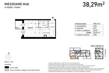 Rzut - Mieszkanie na sprzedaż 1 pokój o powierzchni 38,29 m² - numer M48 w Finezja