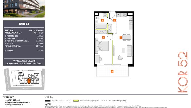 Rzut - Mieszkanie na sprzedaż 2 pokoje o powierzchni 43,73 m² - numer M23 w KOR 52