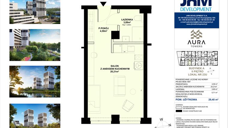 Rzut - Mieszkanie na sprzedaż 1 pokój o powierzchni 29,4 m² - numer A.2.23U w Aura Towers