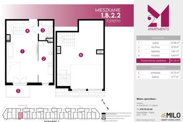 Rzut - Mieszkanie na sprzedaż 2 pokoje o powierzchni 77,2 m² - numer 1.B.2.2 w 2M Apartments etap IV