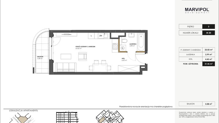 Rzut - Mieszkanie na sprzedaż 1 pokój o powierzchni 31,46 m² - numer M20 w SENGERA 1