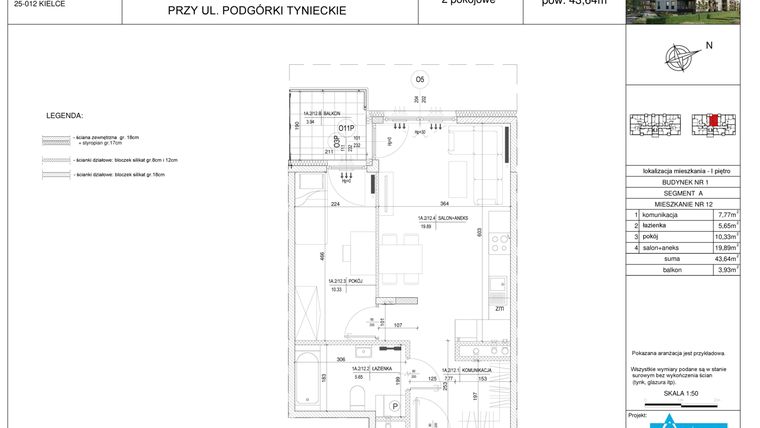 Rzut - Mieszkanie na sprzedaż 2 pokoje o powierzchni 43,64 m² - numer A12 w Podgórki Tynieckie