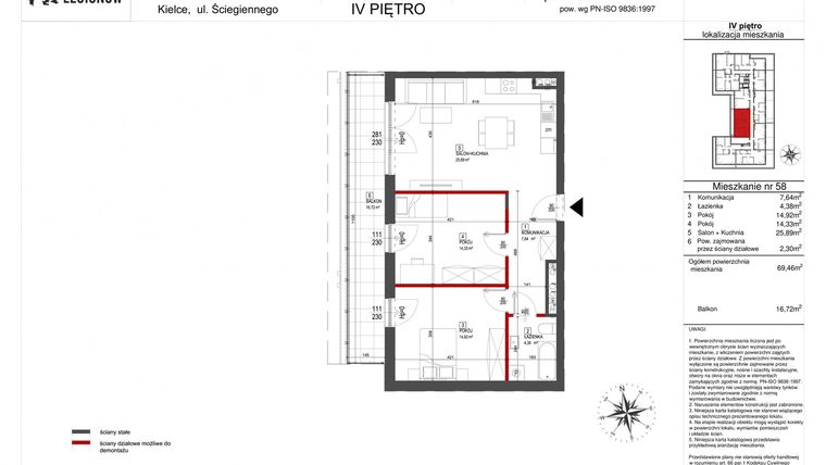 Rzut - Mieszkanie na sprzedaż 3 pokoje o powierzchni 69 m² - numer 58 w Osiedle Legionów III