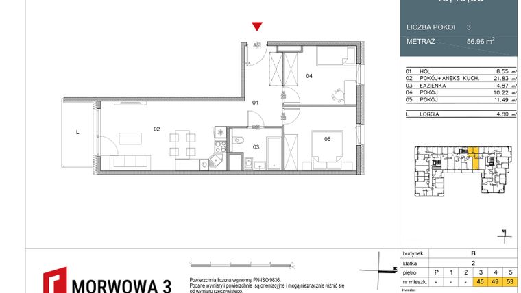 Rzut - Mieszkanie na sprzedaż 3 pokoje o powierzchni 56,96 m² - numer 53 w Morwowa 3