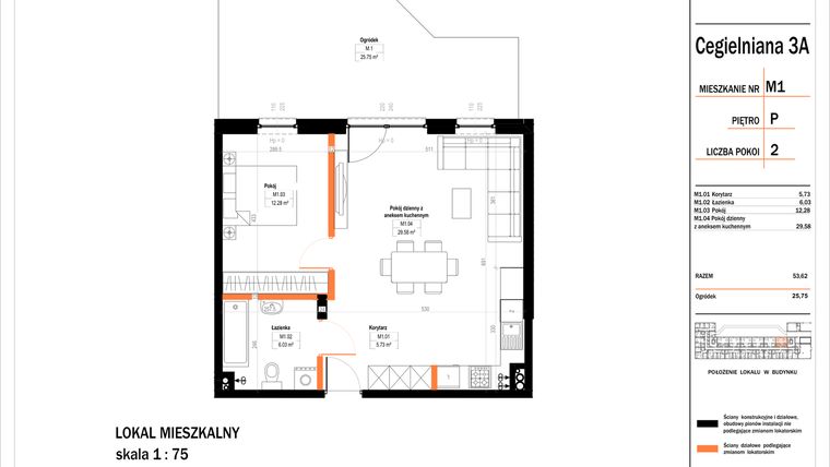 Rzut - Mieszkanie na sprzedaż 2 pokoje o powierzchni 53,62 m² - numer 1 w Osiedle StaLove etap II