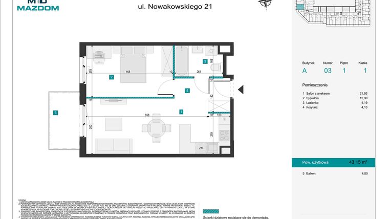 Rzut - Mieszkanie na sprzedaż 2 pokoje o powierzchni 43,15 m² - numer 3 w Błonie Vita