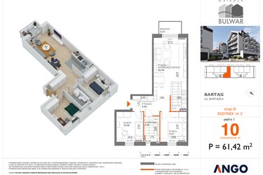 Rzut - Mieszkanie na sprzedaż 3 pokoje o powierzchni 61,42 m² - numer 10 w Bulwar bud. 2