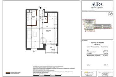 Rzut - Mieszkanie na sprzedaż 1 pokój o powierzchni 32,94 m² - numer 54 w Aura Mokotów II