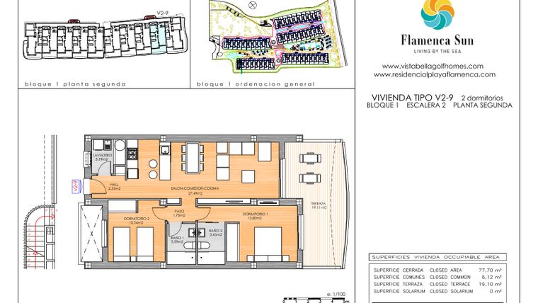 Rzut - Mieszkanie na sprzedaż 2 pokoje o powierzchni 77 m² - numer 1.29 w Flamenca Sun - Playa Flamenca