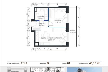 Rzut - Mieszkanie na sprzedaż 2 pokoje o powierzchni 43,16 m² - numer F 1.2 w Nowe Zabłocie