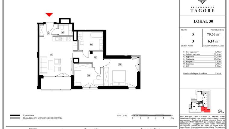 Rzut - Mieszkanie na sprzedaż 3 pokoje o powierzchni 70,56 m² - numer A.5.30 w Rezydencja Tagore