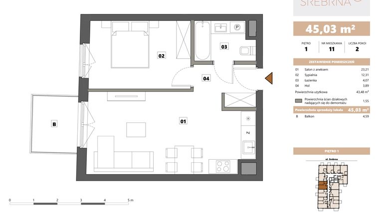 Rzut - Mieszkanie na sprzedaż 2 pokoje o powierzchni 45,03 m² - numer 11 w Srebrna 5