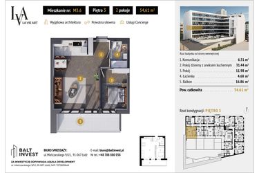 Rzut - Mieszkanie na sprzedaż 2 pokoje o powierzchni 54,61 m² - numer M3.6 w La Vie Art