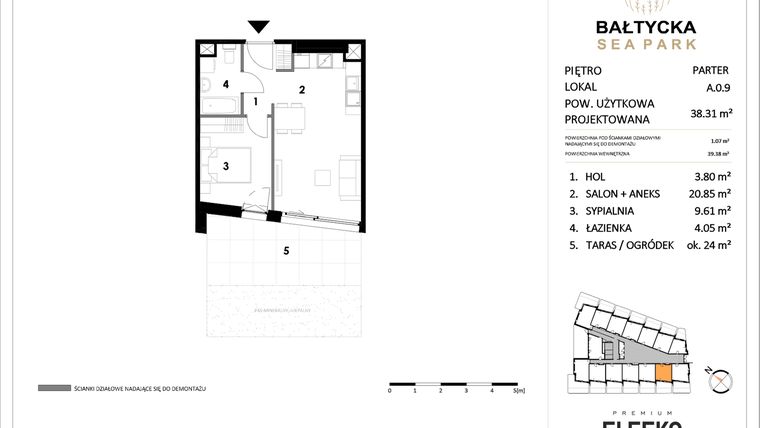 Rzut - Mieszkanie na sprzedaż 2 pokoje o powierzchni 38,31 m² - numer A.0.9 w Bałtycka Sea Park