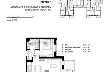 Rzut - Mieszkanie na sprzedaż 2 pokoje o powierzchni 44,14 m² - numer C2-M12 w Stacja Łódź V – etap C2