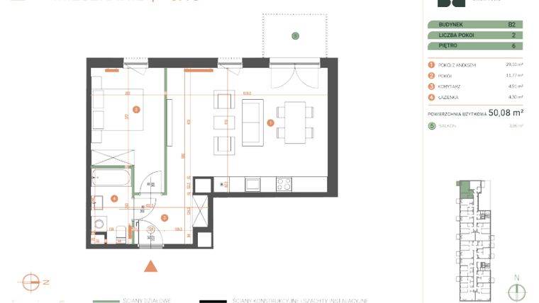 Rzut - Mieszkanie na sprzedaż 2 pokoje o powierzchni 50,08 m² - numer M.06.13 w Casa Feliz Portowa