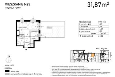 Rzut - Mieszkanie na sprzedaż 1 pokój o powierzchni 31,87 m² - numer M25 w Finezja