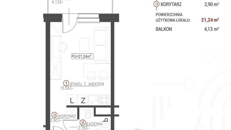 Rzut - Mieszkanie na sprzedaż 1 pokój o powierzchni 21,24 m² - numer 107 w Wróblewskiego 1