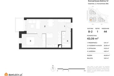Rzut - Mieszkanie na sprzedaż 1 pokój o powierzchni 43,09 m² - numer 44 w Koncertowa Dolina