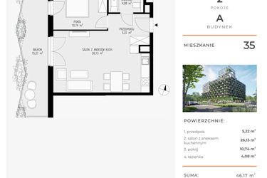 Rzut - Mieszkanie na sprzedaż 2 pokoje o powierzchni 46,17 m² - numer 35 w Semiramis