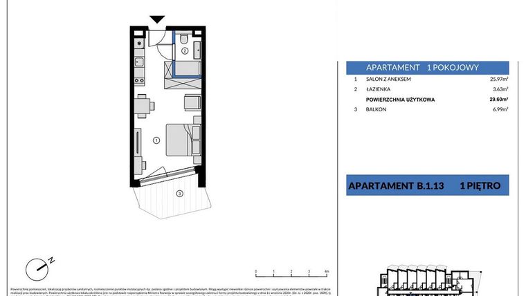 Rzut - Mieszkanie na sprzedaż 1 pokój o powierzchni 29,6 m² - numer B.113 w Wind Yacht