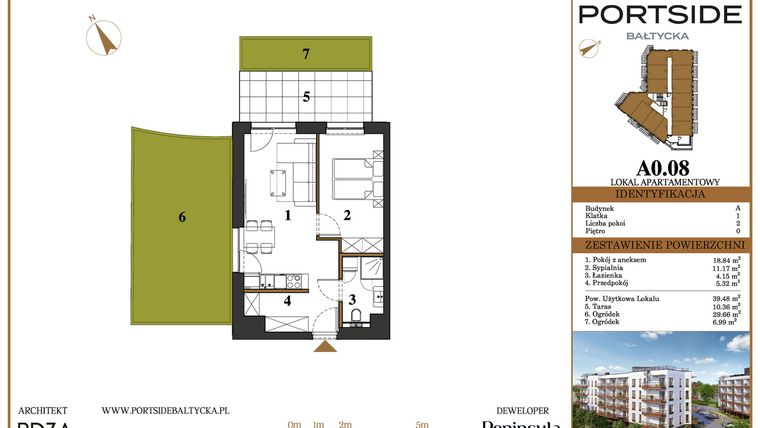 Rzut - Mieszkanie na sprzedaż 2 pokoje o powierzchni 39,48 m² - numer A0.08 w Portside Bałtycka