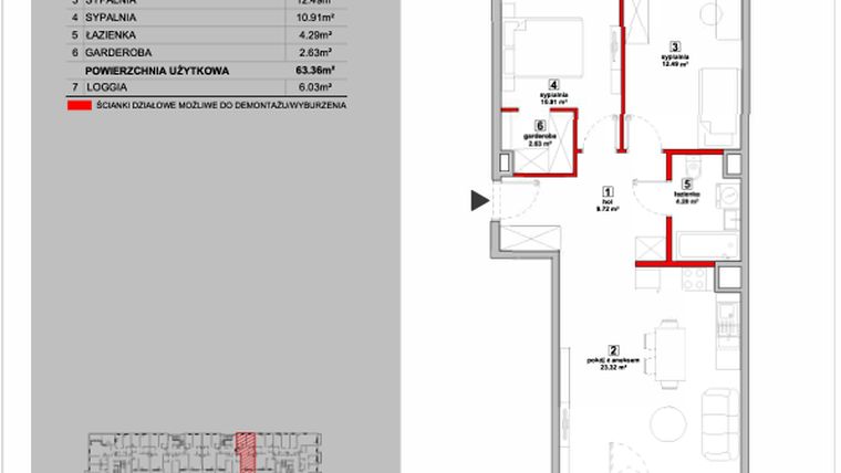 Rzut - Mieszkanie na sprzedaż 3 pokoje o powierzchni 63,36 m² - numer P9.03.4.83 w Osiedle Poematu II