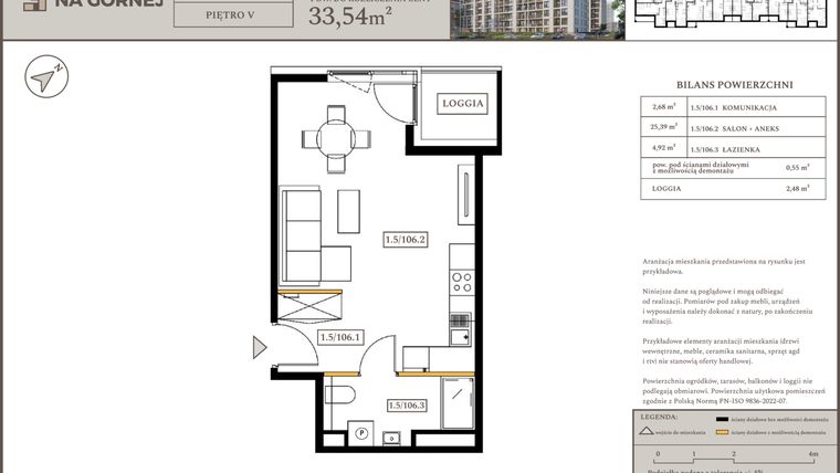 Rzut - Mieszkanie na sprzedaż 1 pokój o powierzchni 32,99 m² - numer M106 w Osiedle Na Górnej etap V