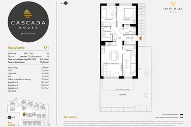 Rzut - Mieszkanie na sprzedaż 4 pokoje o powierzchni 69,25 m² - numer 9.1 w CASCADA House