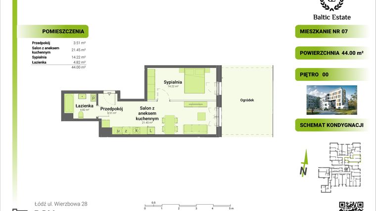 Rzut - Mieszkanie na sprzedaż 2 pokoje o powierzchni 44,42 m² - numer 00.M.07 w Dom Architekta