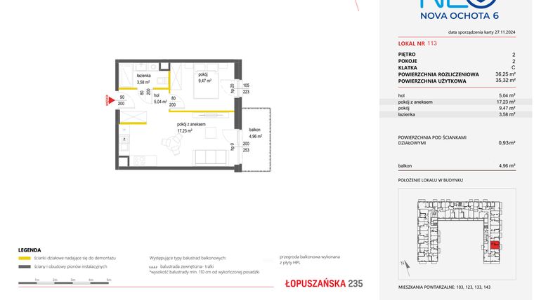 Rzut - Mieszkanie na sprzedaż 2 pokoje o powierzchni 36,16 m² - numer 113 w Neo Nova Ochota 6